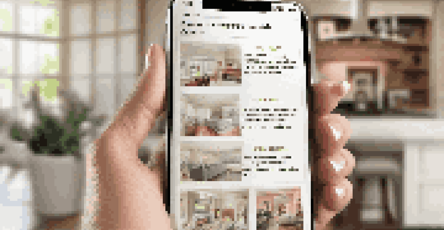 A smartphone displaying a digital real estate flyer with testimonials from homeowners, set in a warm and cozy home environment with soft lighting.