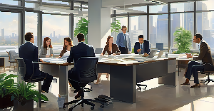 A diverse group of investors in an office discussing real estate documents around a large table, with natural light and plants in the background.