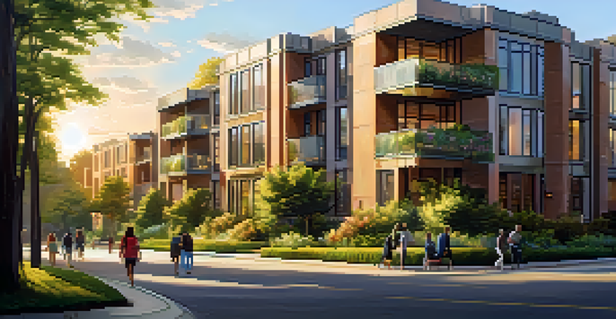 A modern apartment building in an urban setting with greenery and people enjoying a park during sunset.