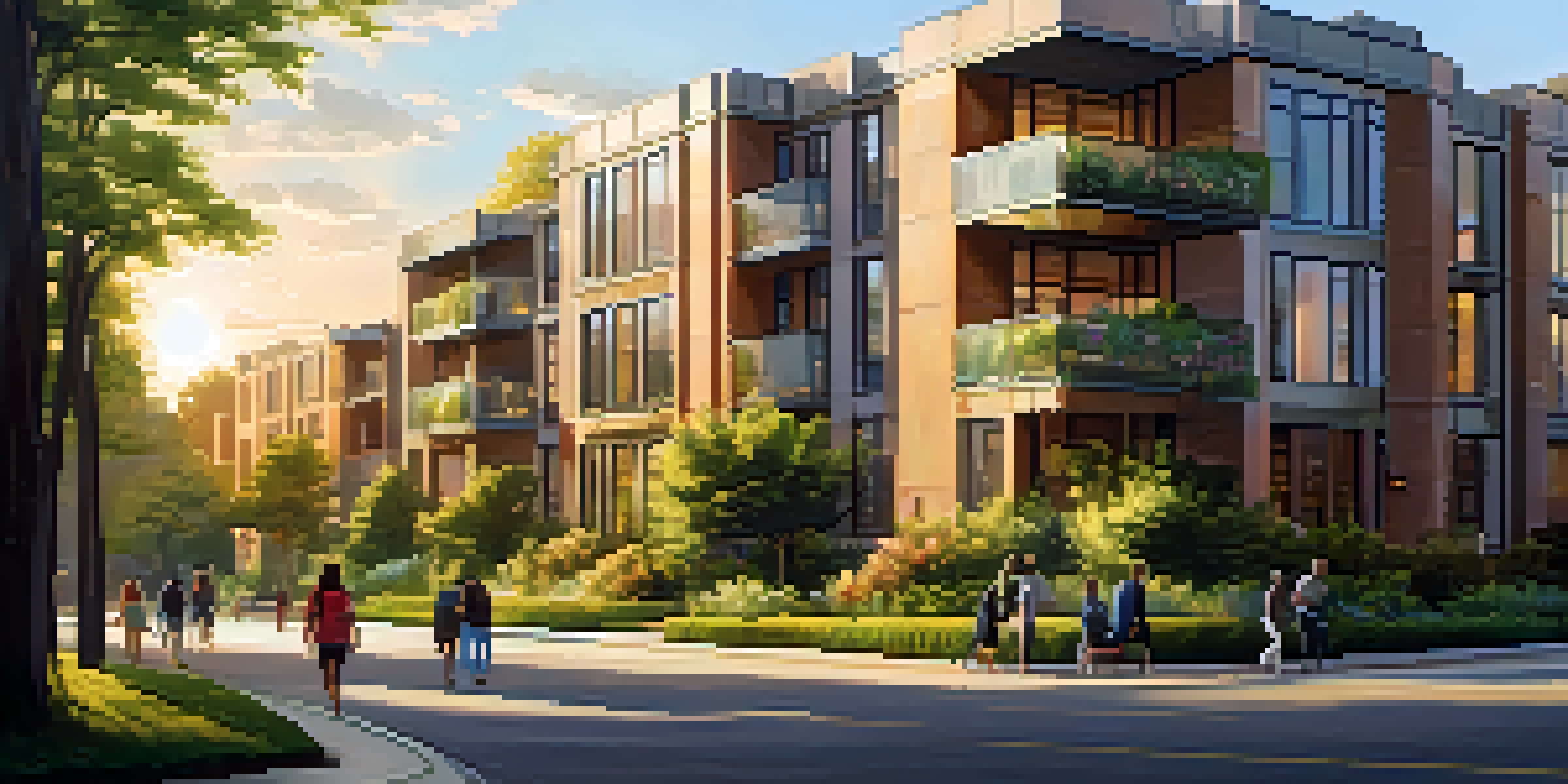 A modern apartment building in an urban setting with greenery and people enjoying a park during sunset.