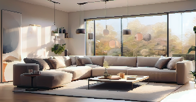 A modern living room with various smart home devices including a smart speaker and thermostat, illuminated with ambient lighting.