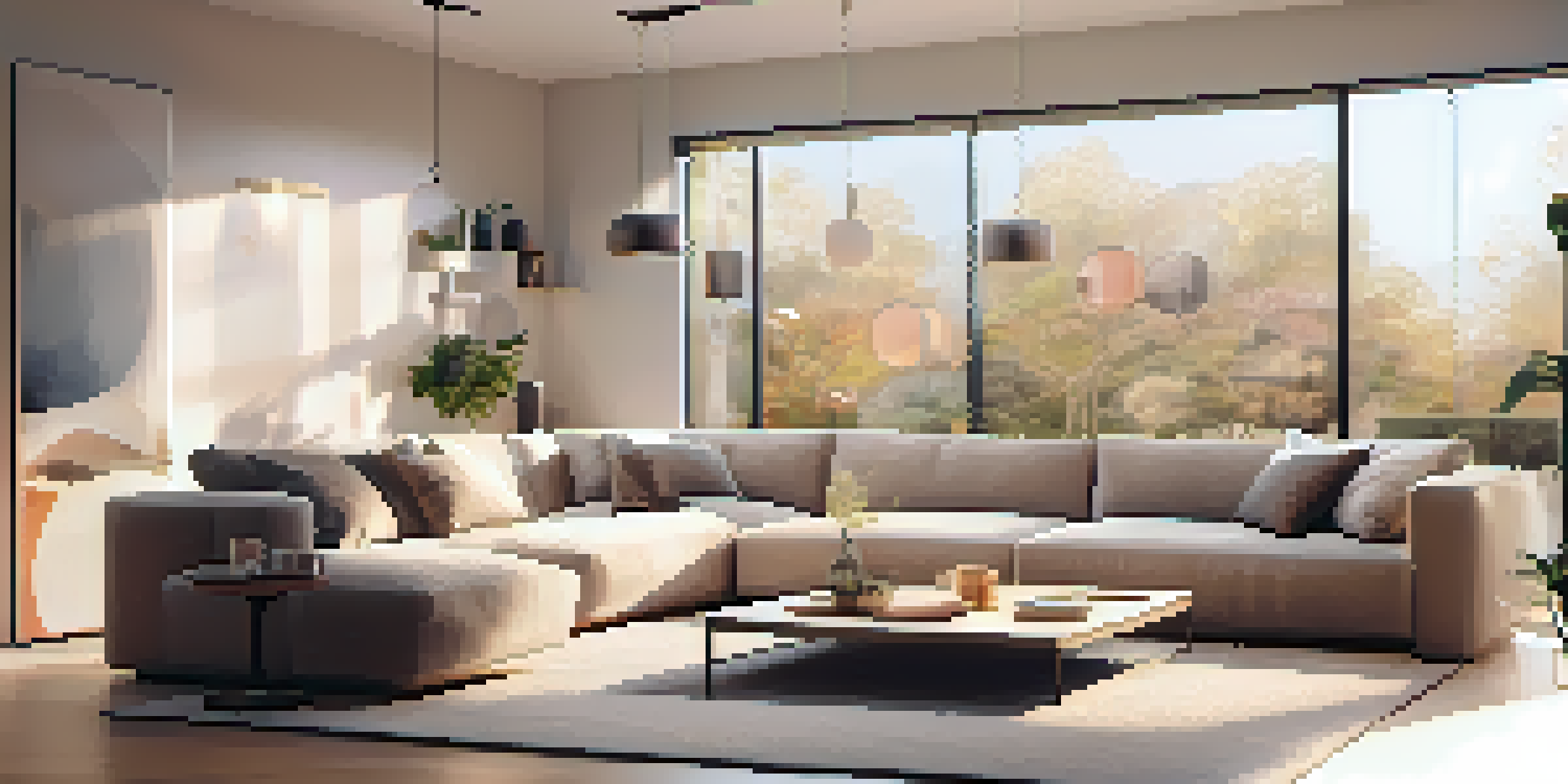 A modern living room with various smart home devices including a smart speaker and thermostat, illuminated with ambient lighting.