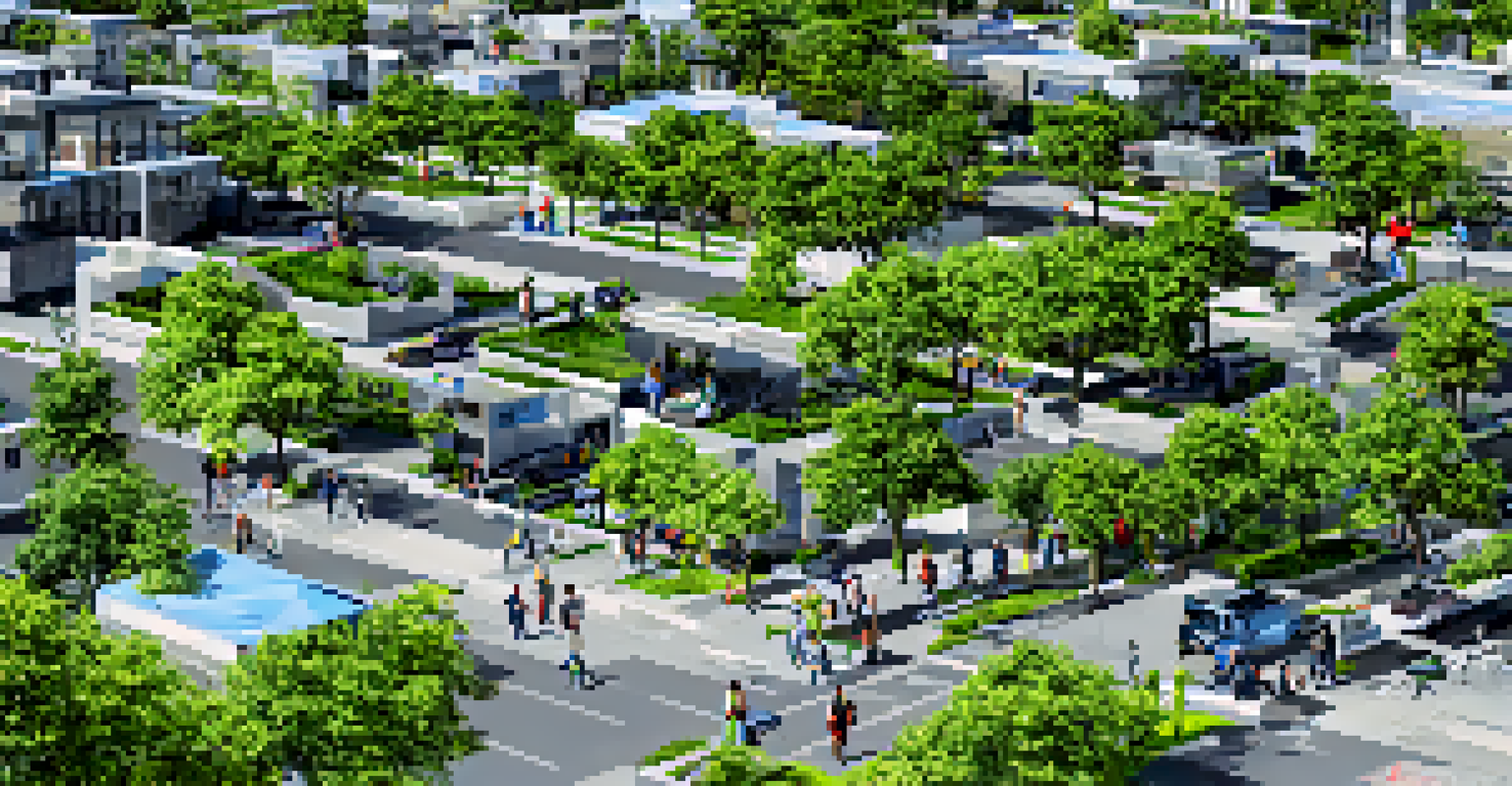 A sustainable urban neighborhood with modern houses, solar panels, and green roofs, filled with trees and people enjoying outdoor spaces under a clear blue sky.