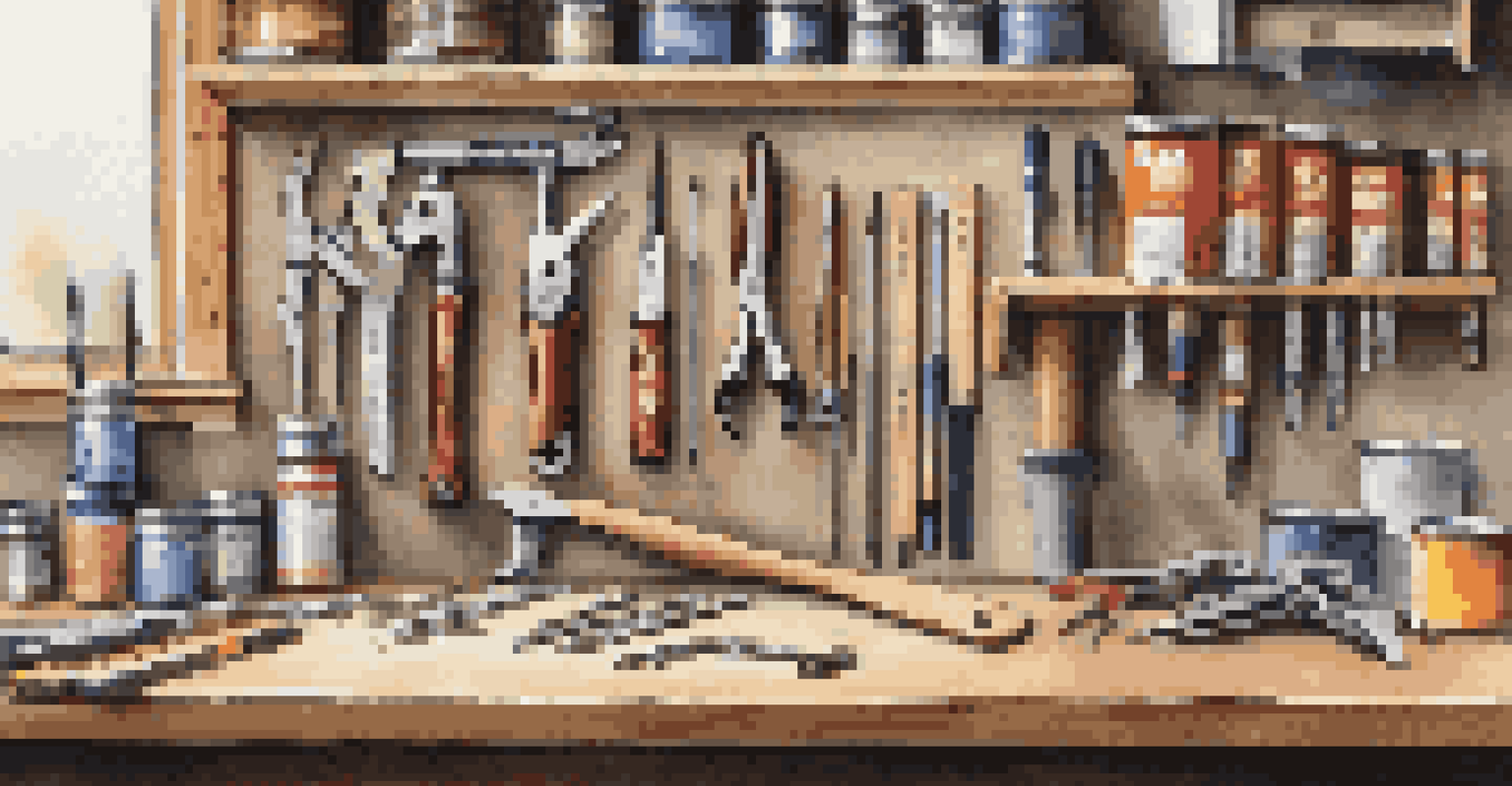 A well-organized toolkit on a workbench with essential tools, set in a brightly lit garage filled with home improvement supplies.