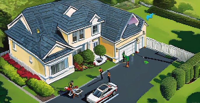 A home inspector operating a drone above a suburban house, with a tablet in hand, under a clear blue sky.