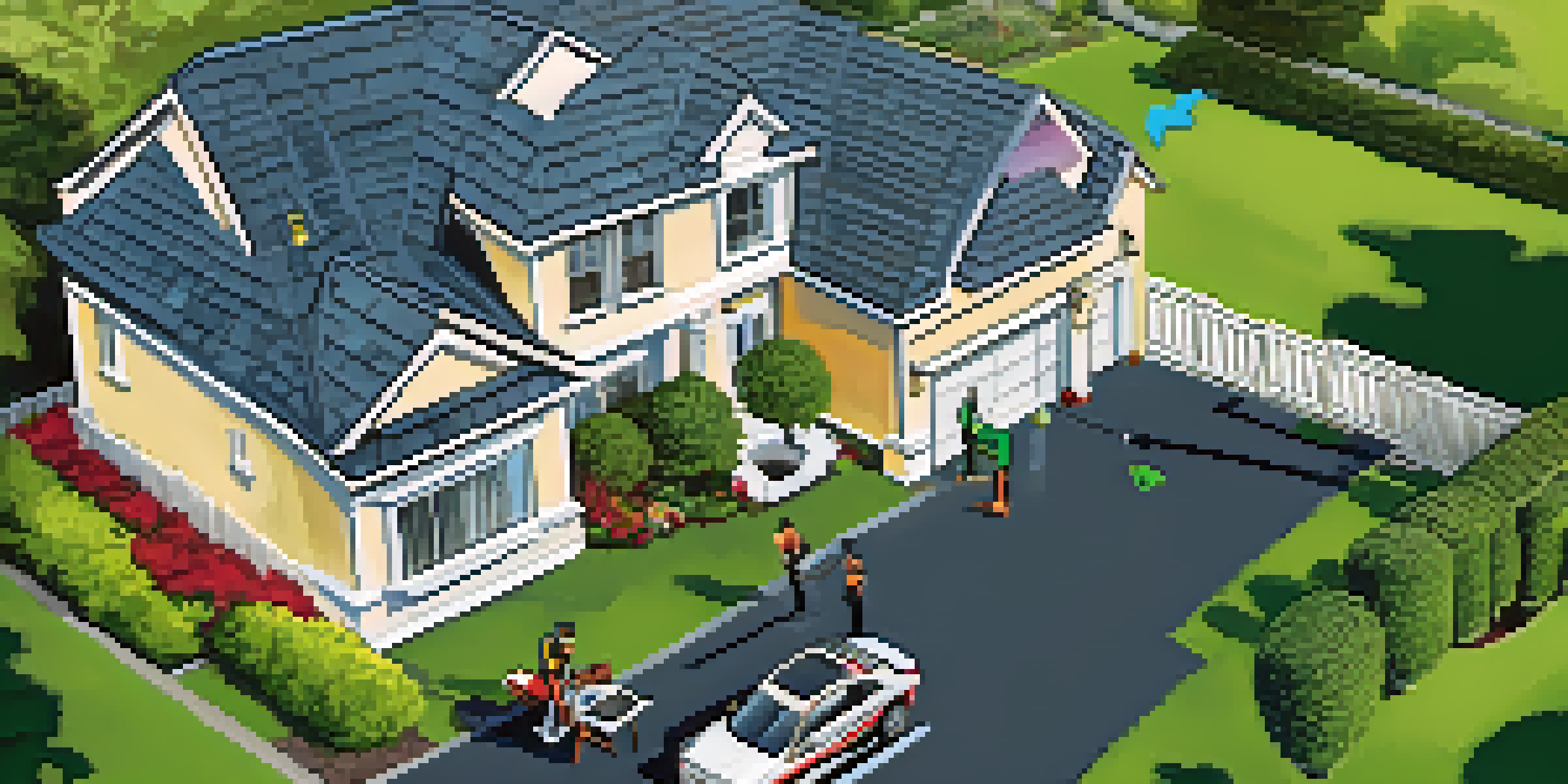 A home inspector operating a drone above a suburban house, with a tablet in hand, under a clear blue sky.