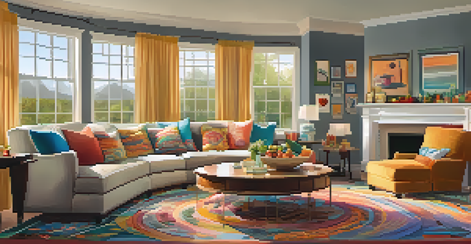 A cozy living room with circular seating and snacks on a coffee table, designed for family gatherings.