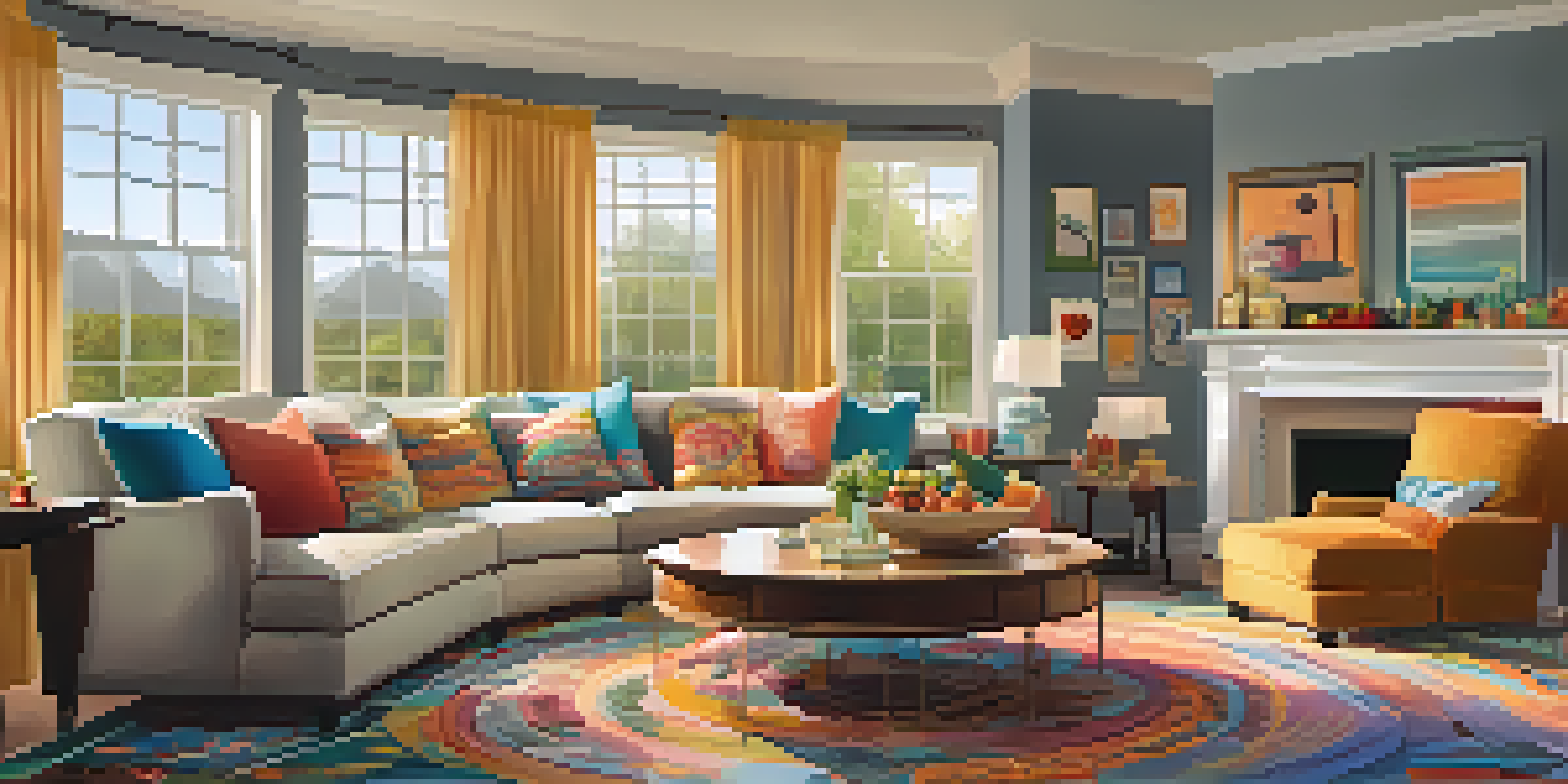 A cozy living room with circular seating and snacks on a coffee table, designed for family gatherings.