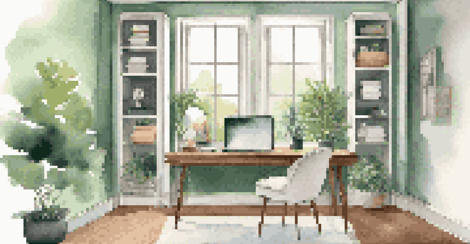 A minimalist home office featuring a neatly arranged desk with a laptop and decorative items, illuminated by natural light from a large window.