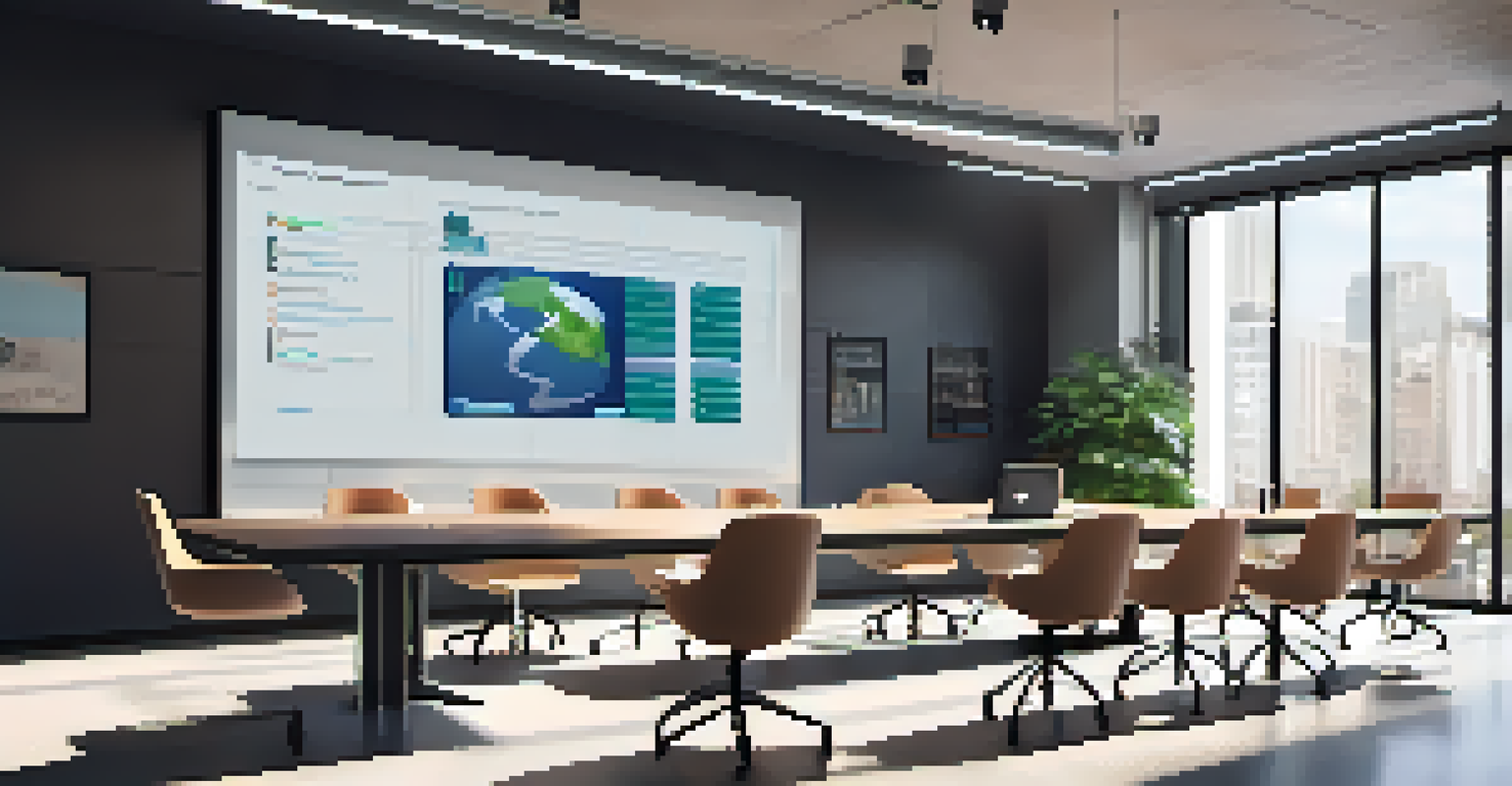 A modern meeting room equipped with smart technology, featuring a large table, comfortable chairs, and ambient lighting.