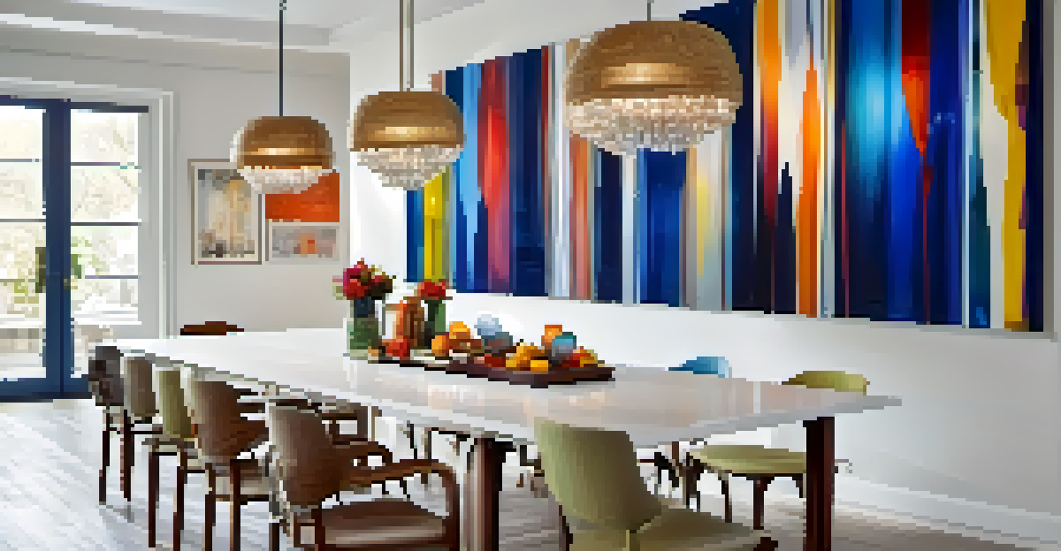 An eclectic dining area with colorful glass pendant lights above a white table, deep blue walls, and a stylish table setting.