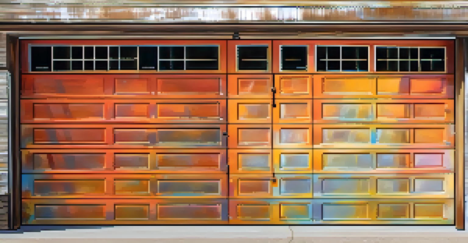 A close-up view of a well-maintained garage door, focusing on hinges and lubricated parts, with vibrant colors and natural light.
