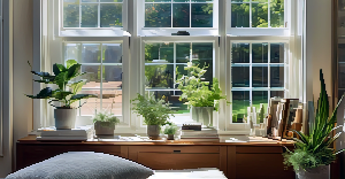 A modern energy-efficient window with multiple glass panes reflecting sunlight and illuminating a cozy interior with plants and soft furnishings.
