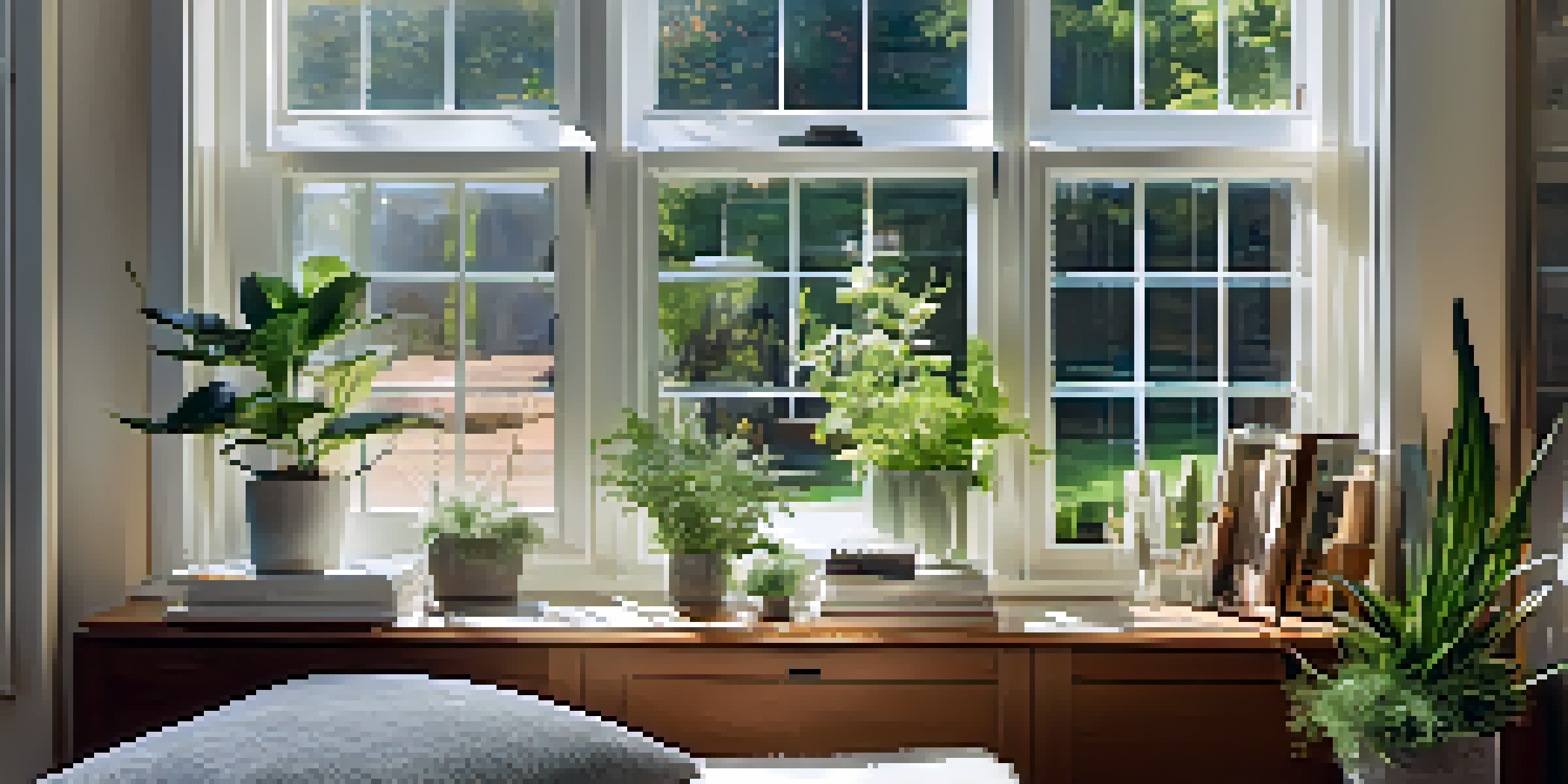 A modern energy-efficient window with multiple glass panes reflecting sunlight and illuminating a cozy interior with plants and soft furnishings.
