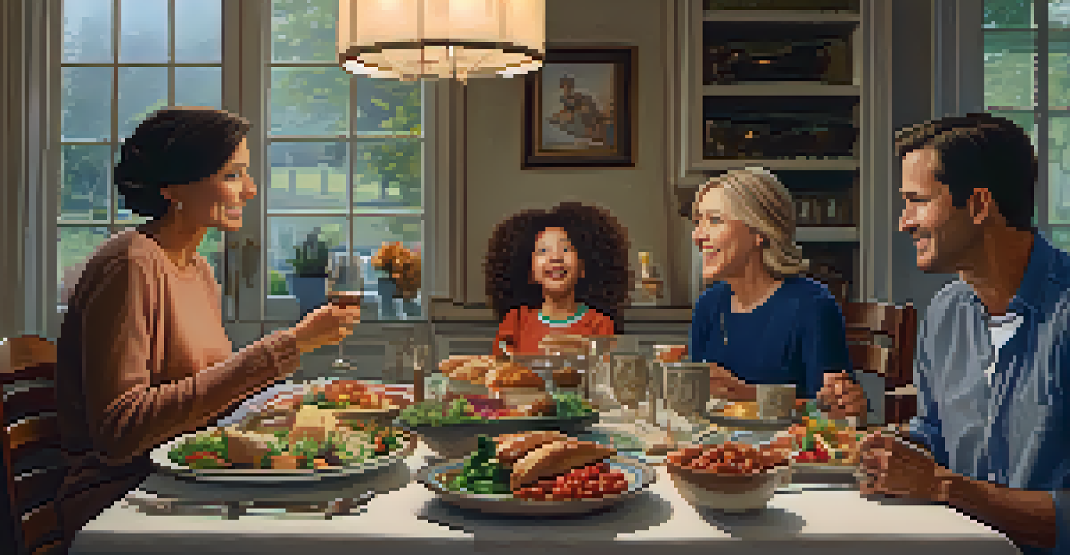 A family discussing estate planning around a dining table filled with food.