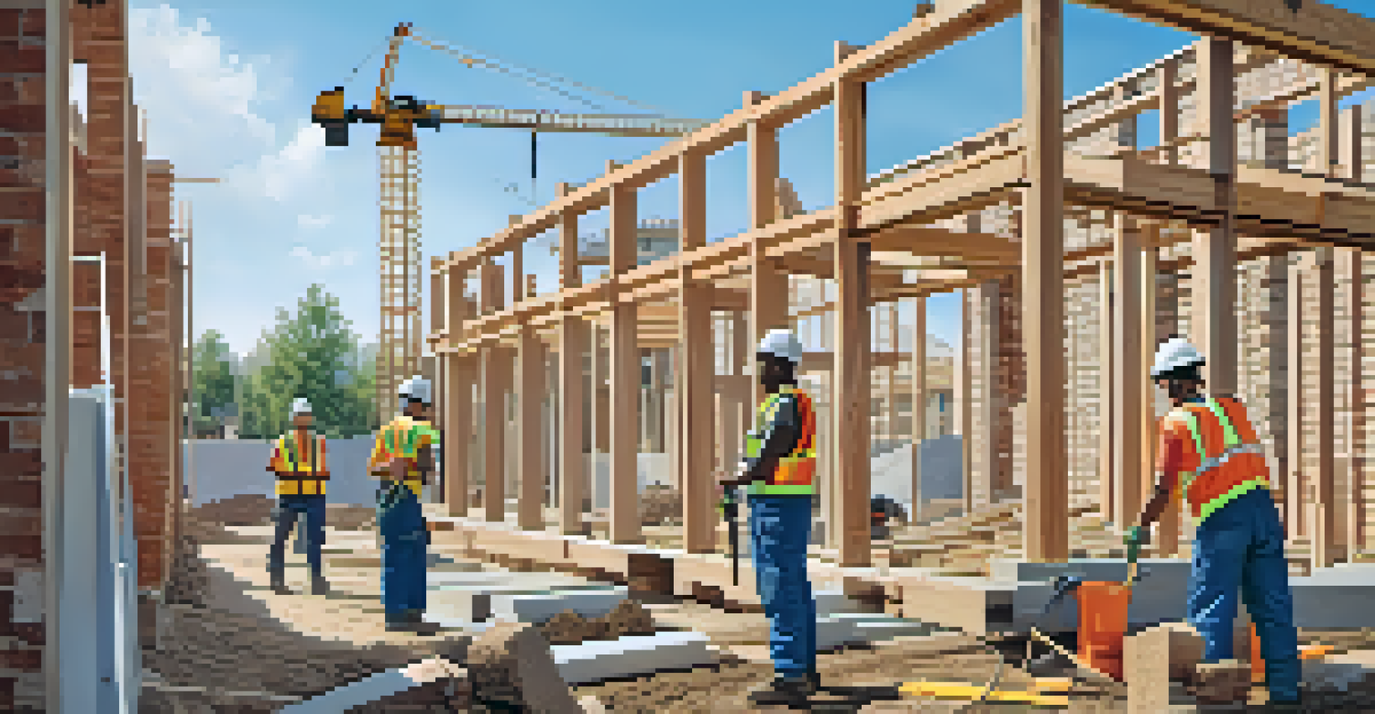Construction workers building a new residential home with tools and materials present.