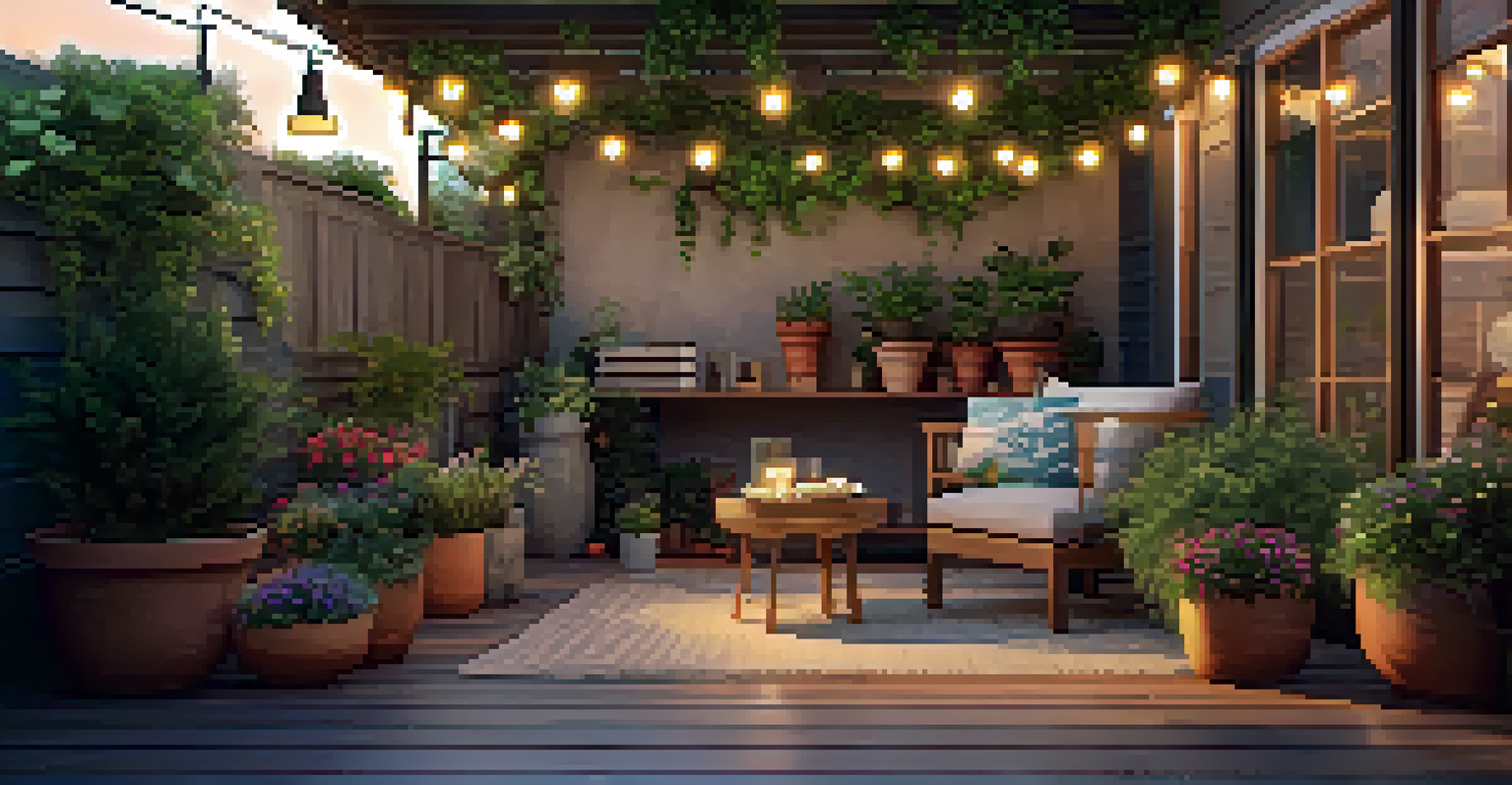 An outdoor patio with a wooden table, colorful plants, cozy seating, and soft string lights creating a warm ambiance at dusk.