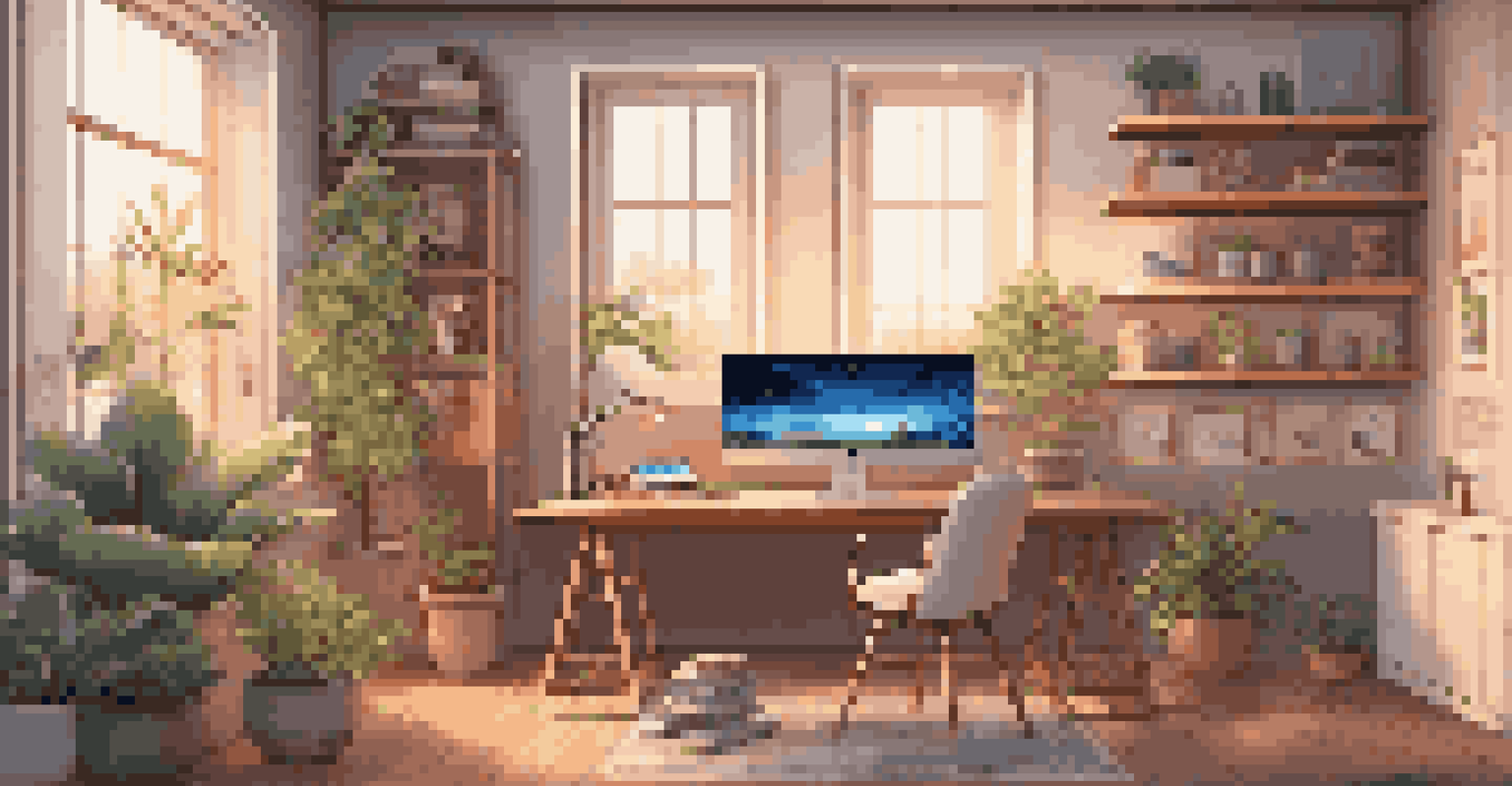 A cozy home office with virtual reality technology, featuring a VR headset and interactive screens.
