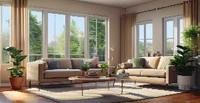 A cozy living room featuring a modern home security system with a camera and alarm panel, bathed in warm sunlight.