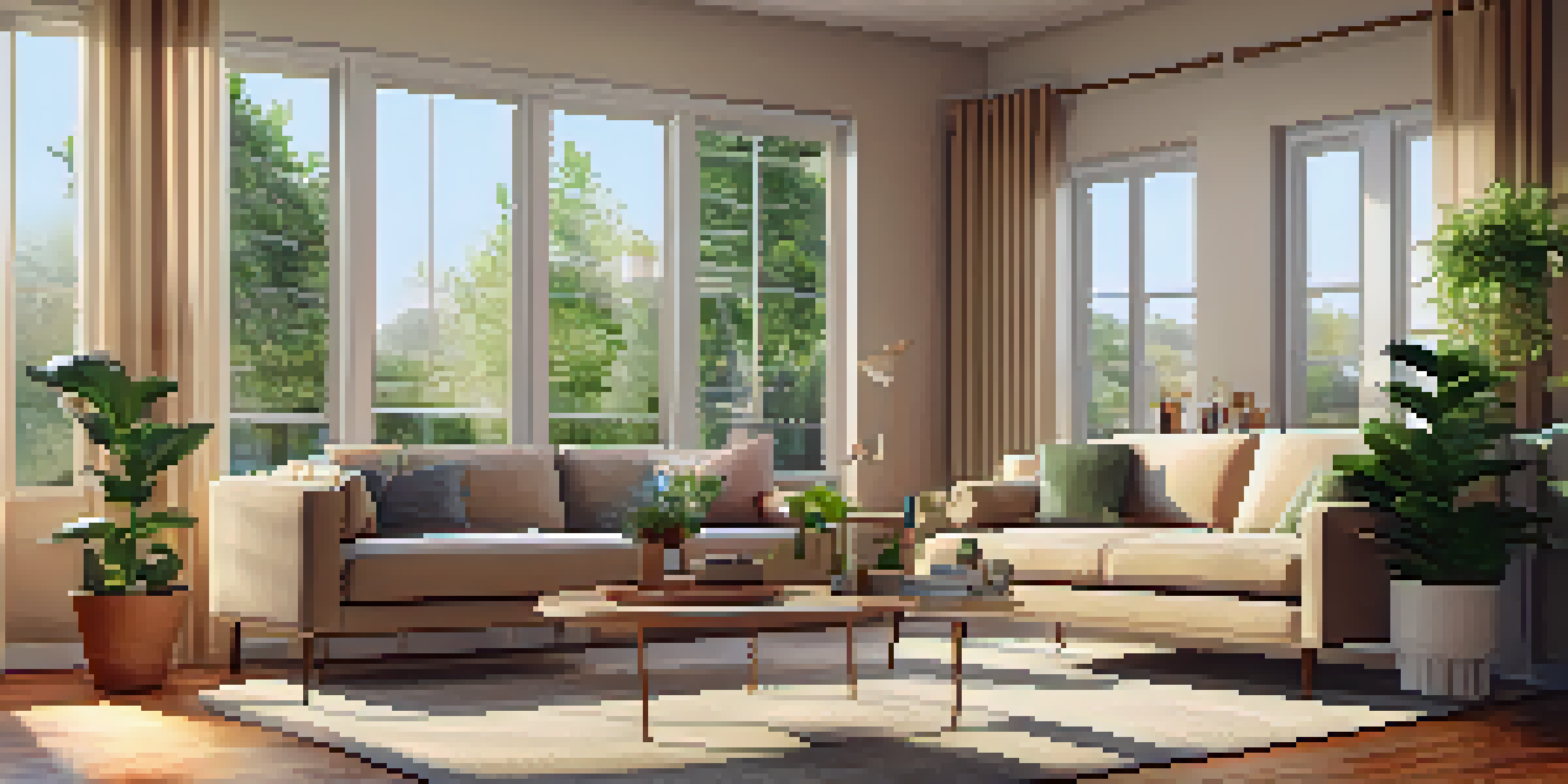 A cozy living room featuring a modern home security system with a camera and alarm panel, bathed in warm sunlight.