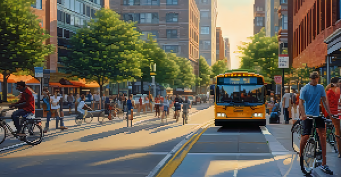 A lively urban street with pedestrians, cyclists, and a bus stop, surrounded by modern buildings and greenery in the evening light.
