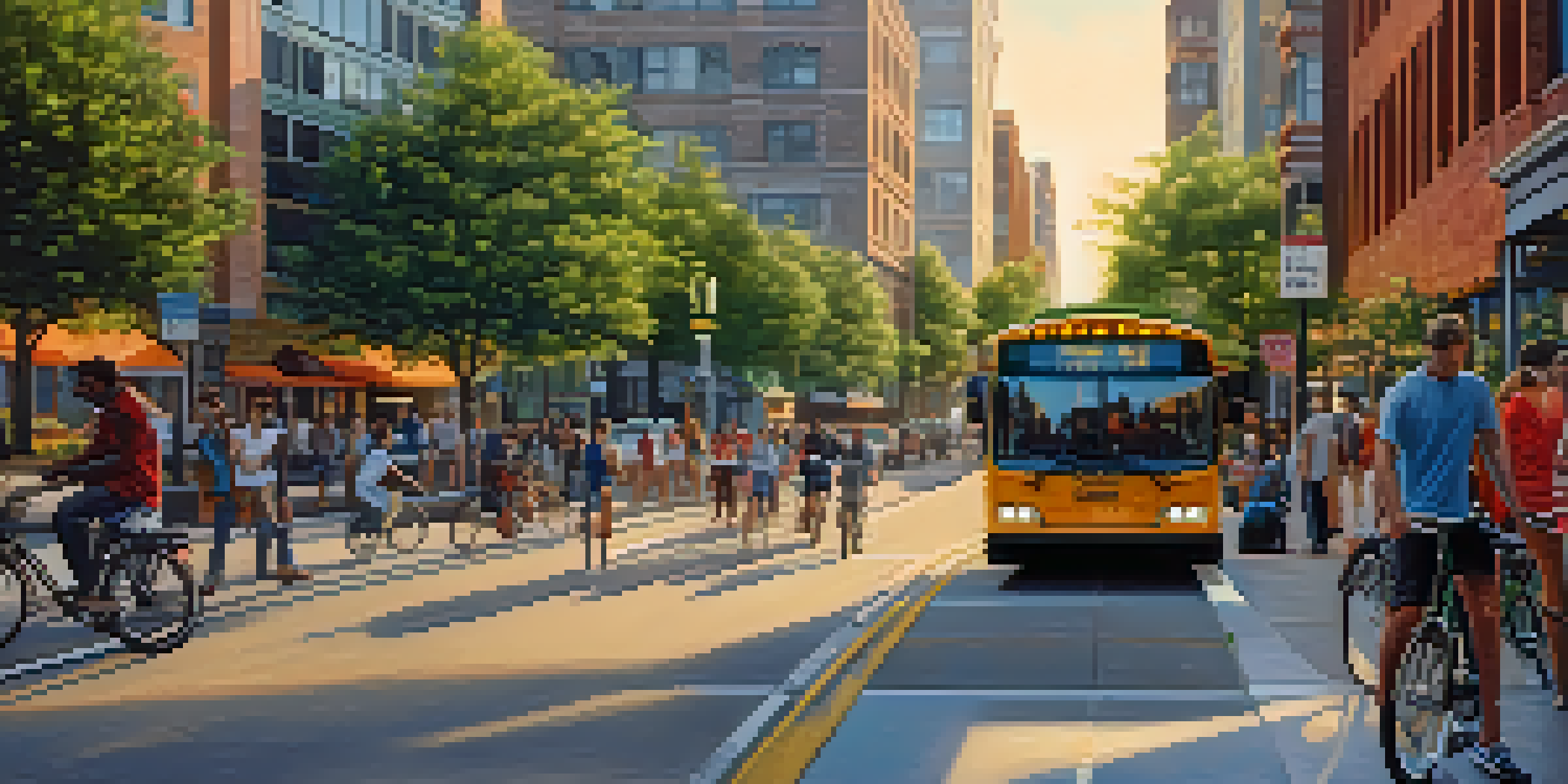 A lively urban street with pedestrians, cyclists, and a bus stop, surrounded by modern buildings and greenery in the evening light.