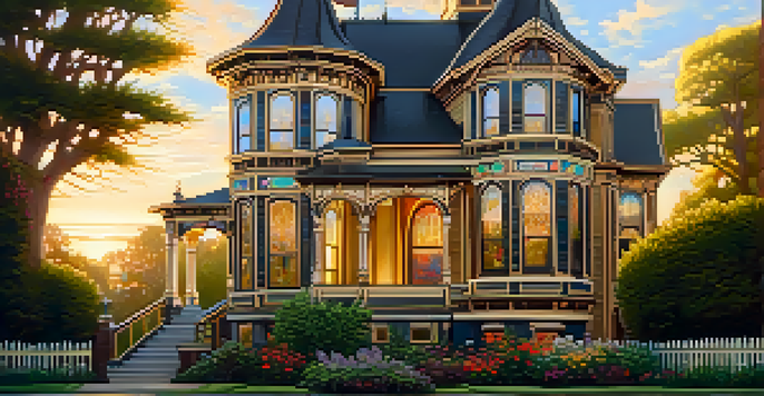 A Victorian home with ornate woodwork and stained glass windows, set against a backdrop of greenery and flowers, illuminated by sunset.