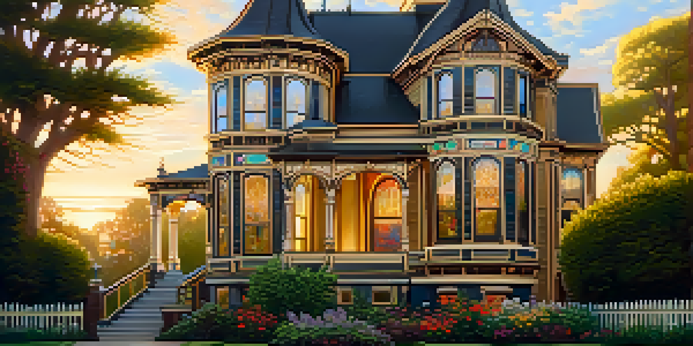 A Victorian home with ornate woodwork and stained glass windows, set against a backdrop of greenery and flowers, illuminated by sunset.