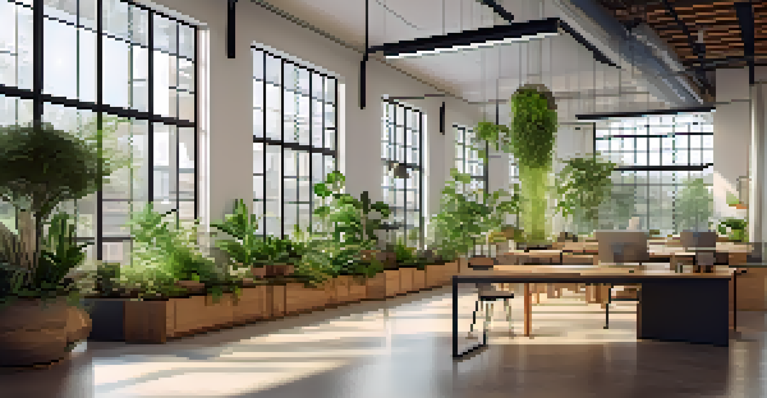 An interior workspace designed with biophilic elements, including plants and natural light, promoting a calm atmosphere.