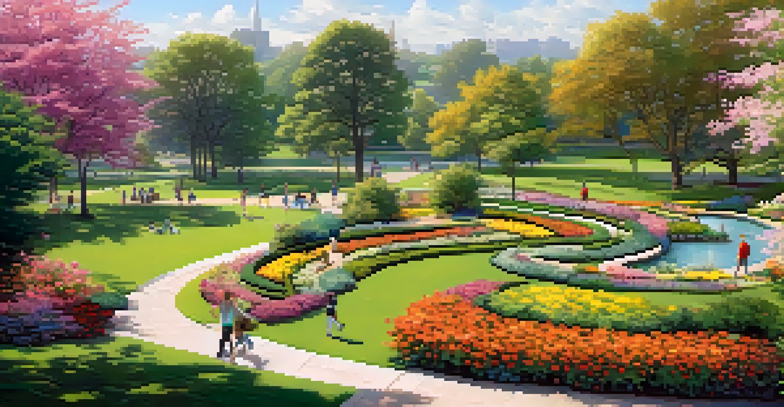 An aerial view of a vibrant park with pathways, lawns, and flower beds, filled with people enjoying outdoor activities in the sunlight.