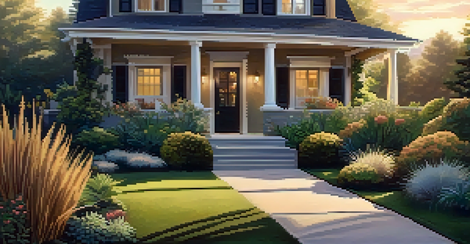 A well-maintained front yard with a variety of plants, warm lighting, and a clear pathway leading to the door.