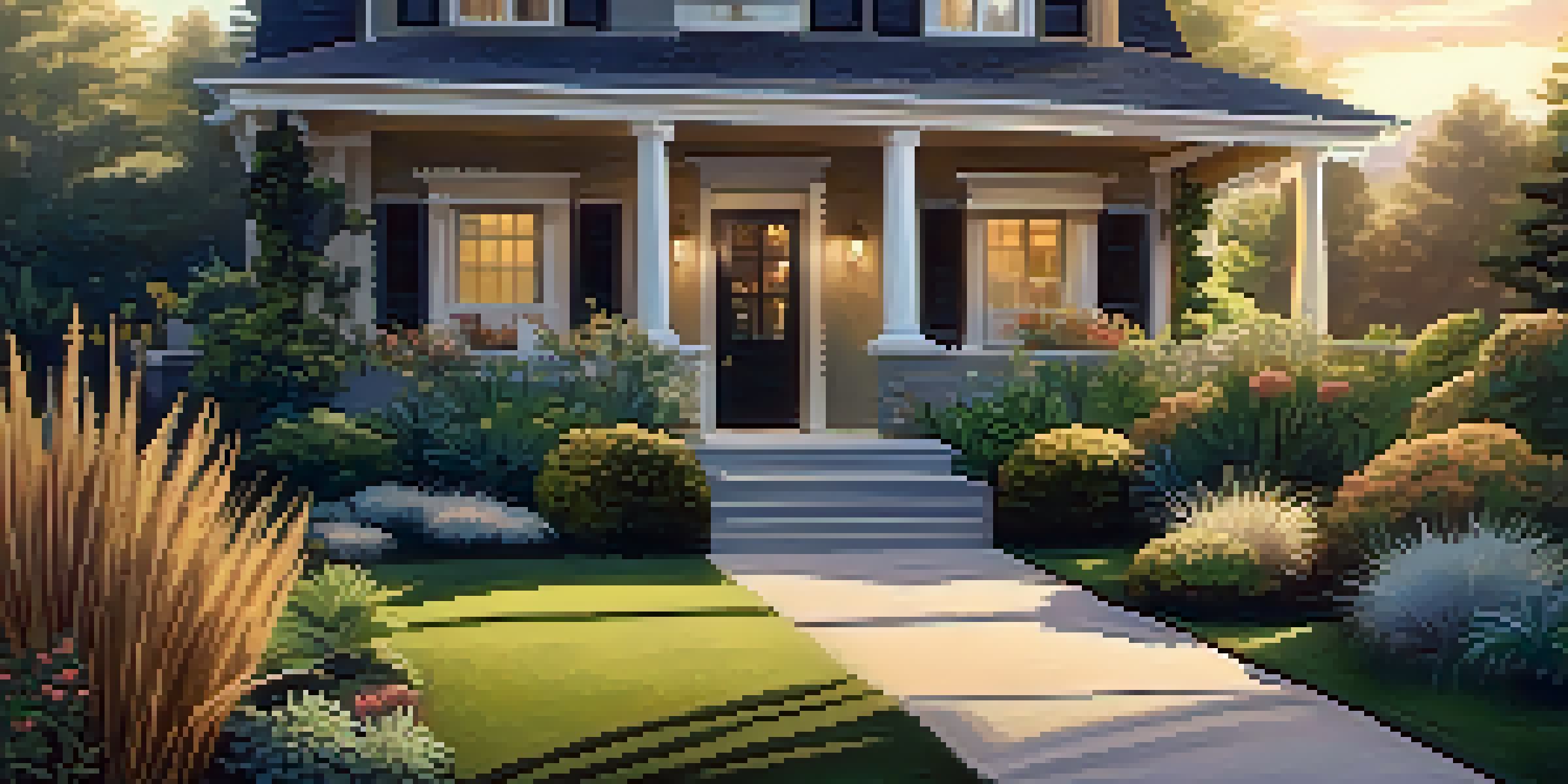 A well-maintained front yard with a variety of plants, warm lighting, and a clear pathway leading to the door.