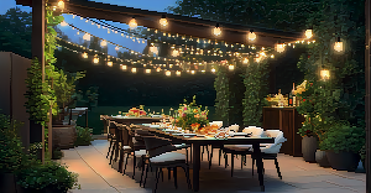 An outdoor patio with a dining set under string lights, surrounded by greenery and flowers, creating a cozy atmosphere.