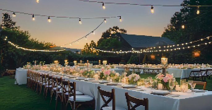 An outdoor garden party table setting with floral centerpieces and string lights overhead during sunset.