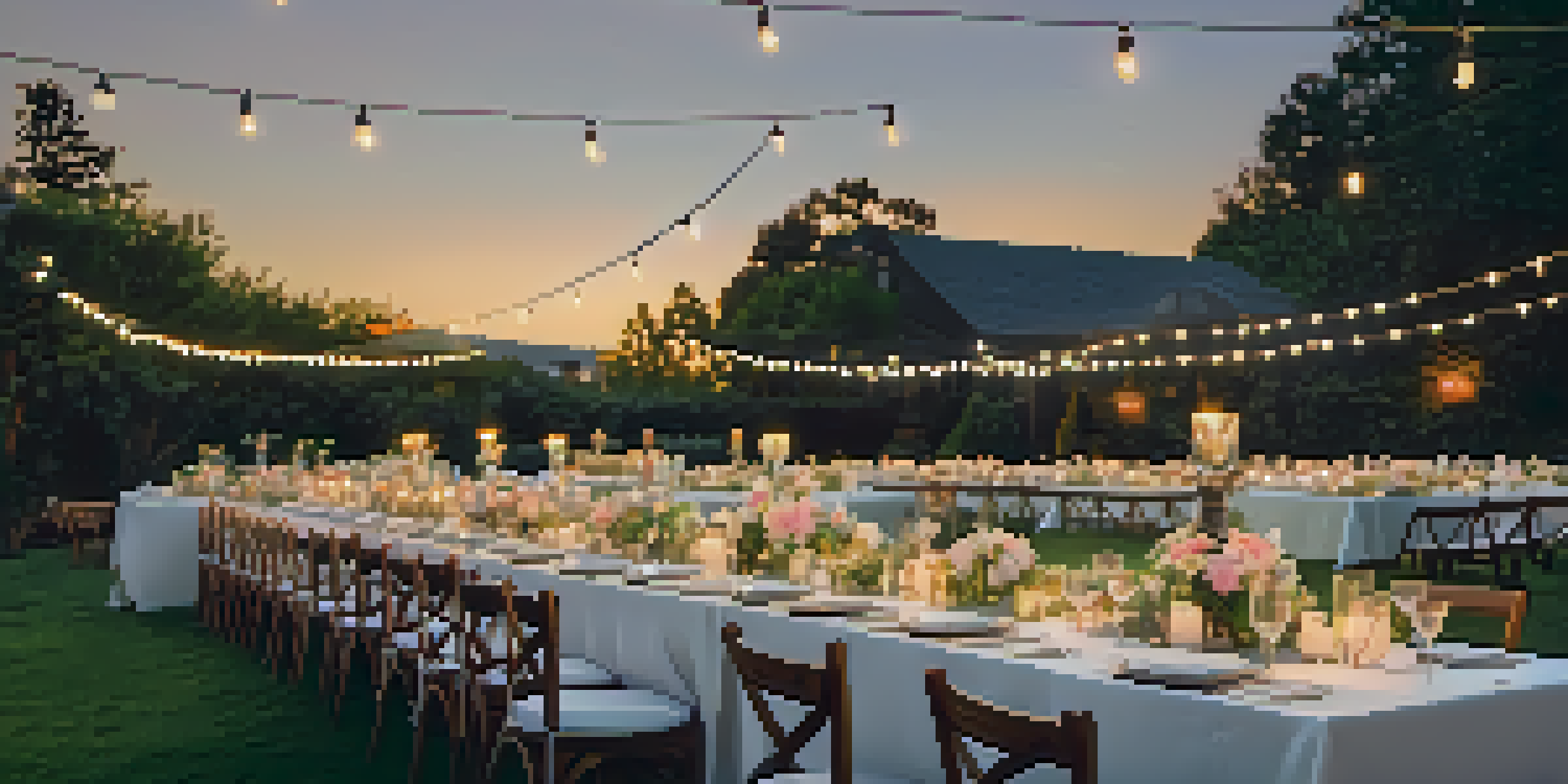 An outdoor garden party table setting with floral centerpieces and string lights overhead during sunset.