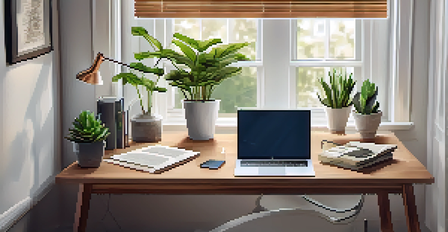 A cozy home office with a desk, laptop, and real estate documents, bathed in soft natural light, creating a warm and inviting atmosphere.