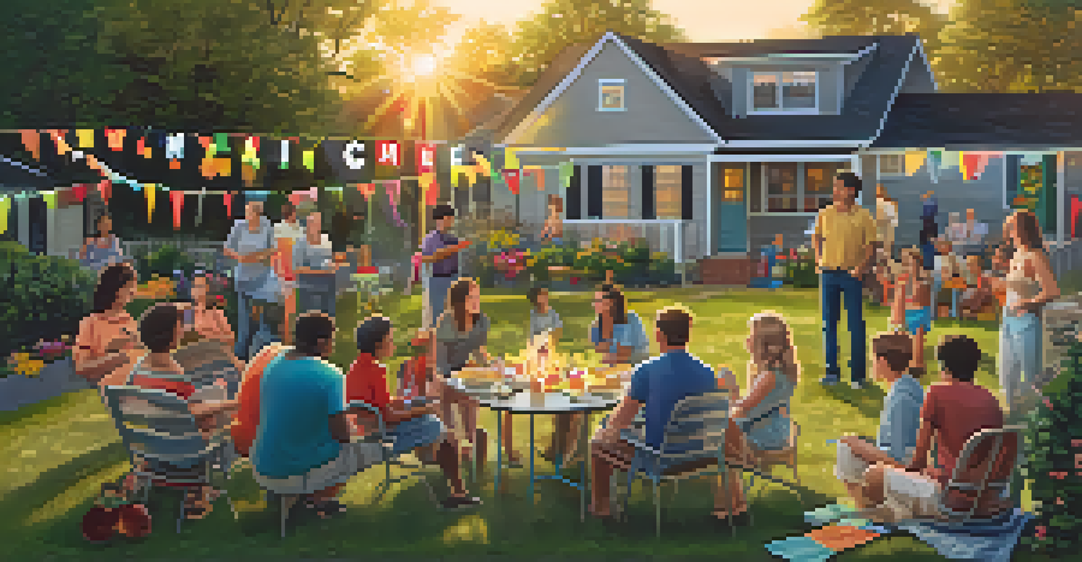 A vibrant neighborhood gathering in a backyard, with homeowners enjoying conversations and activities, decorated with colorful items and a 'Community Together' banner.