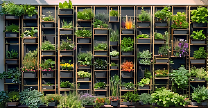 An urban vertical garden filled with herbs, flowers, and vegetables, illuminated by warm sunlight during golden hour.