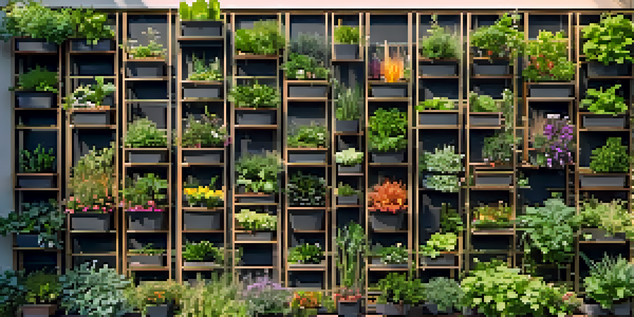 An urban vertical garden filled with herbs, flowers, and vegetables, illuminated by warm sunlight during golden hour.