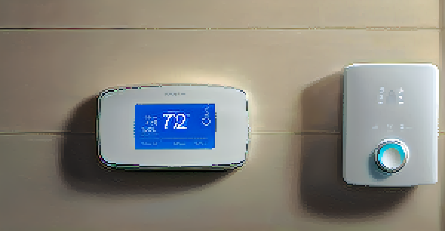 A close-up of a smart thermostat showing energy consumption data against a decorated wall.