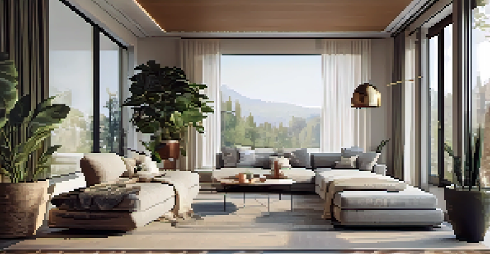 A cozy living room with plush cushions, a thick rug, and heavy curtains, illuminated by warm natural light. Acoustic panels blend into the decor and tall plants add to the ambiance.