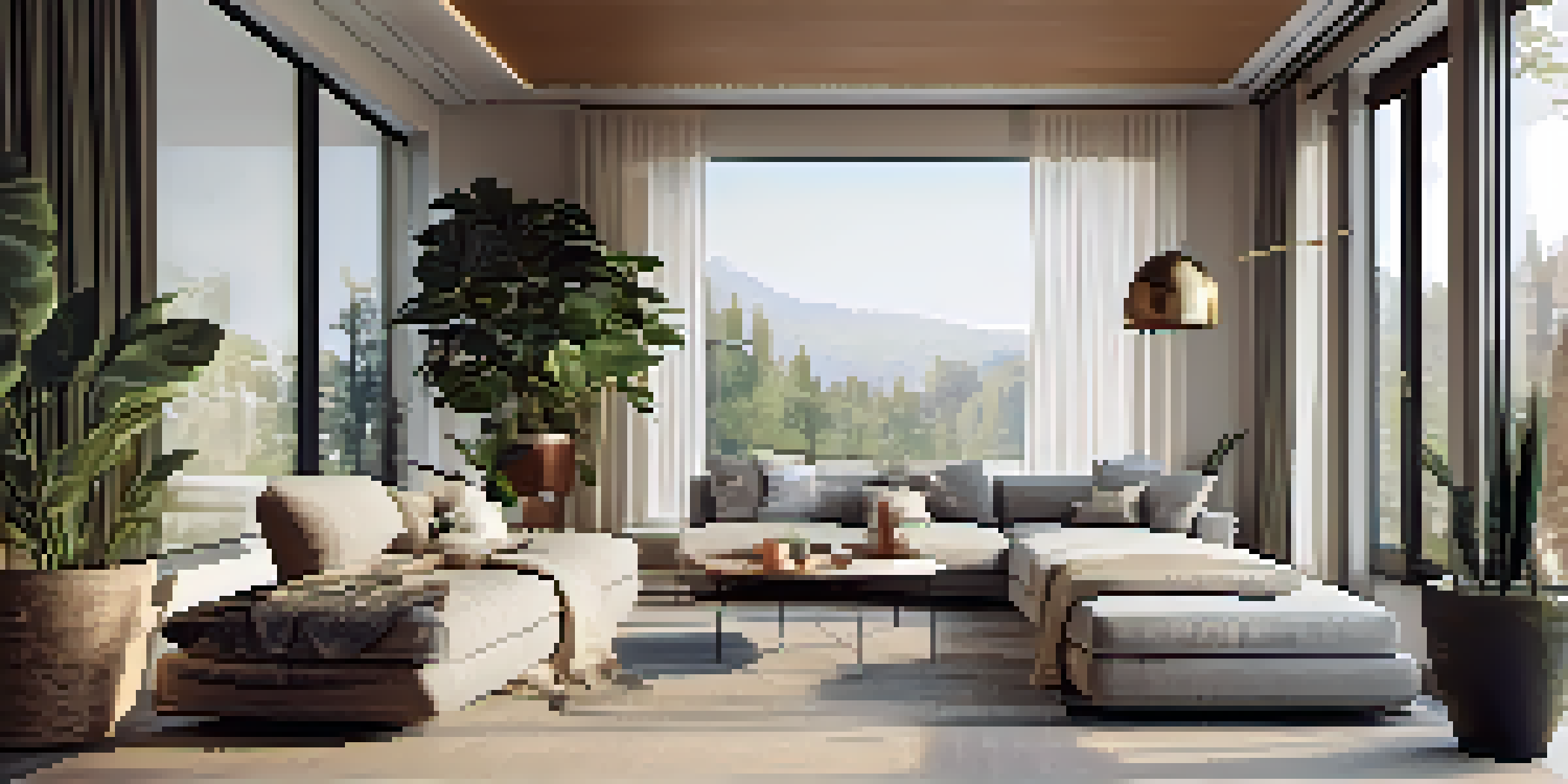 A cozy living room with plush cushions, a thick rug, and heavy curtains, illuminated by warm natural light. Acoustic panels blend into the decor and tall plants add to the ambiance.