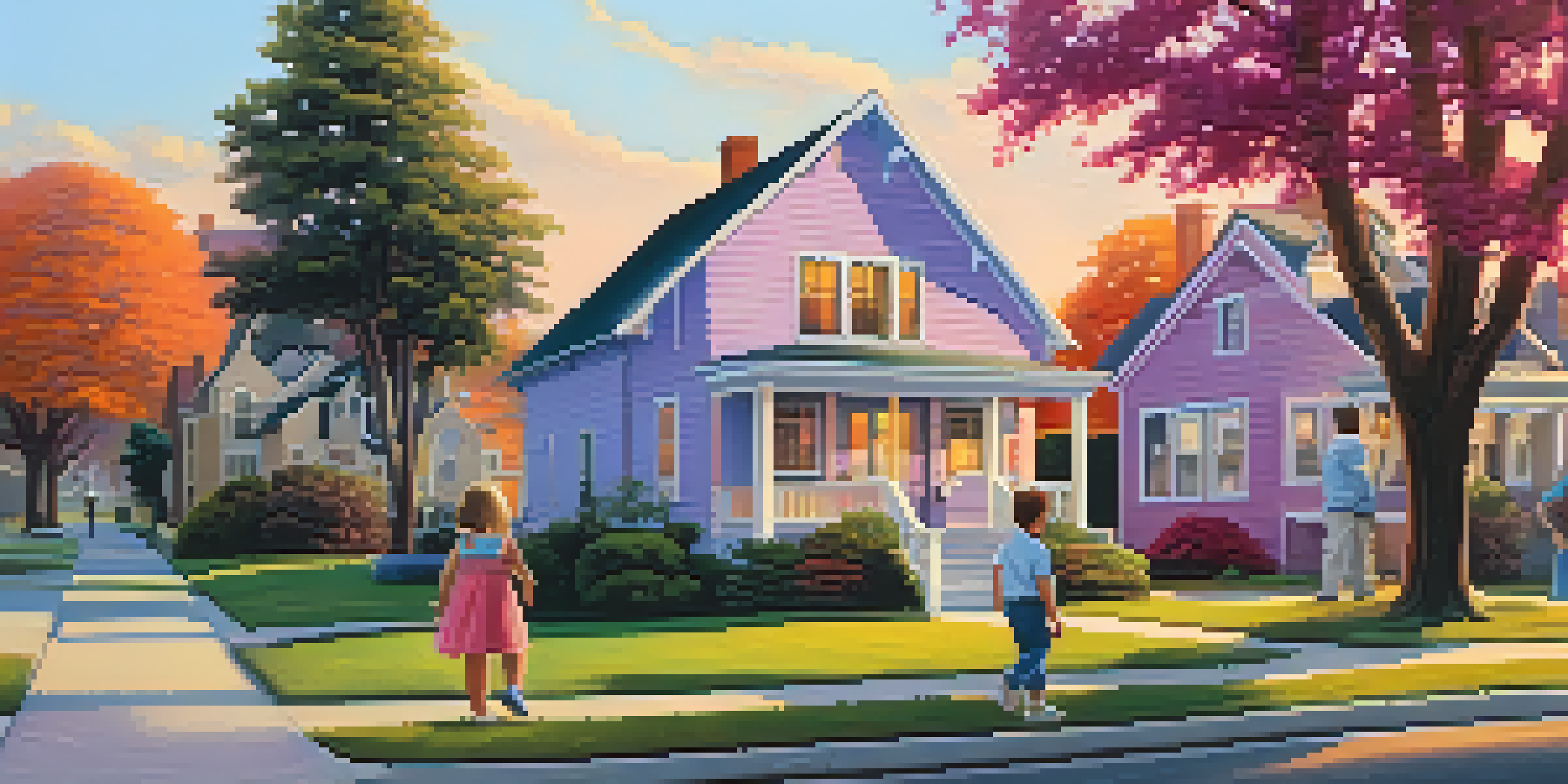 A peaceful suburban neighborhood during sunset, with houses, a couple walking a dog, and children playing.