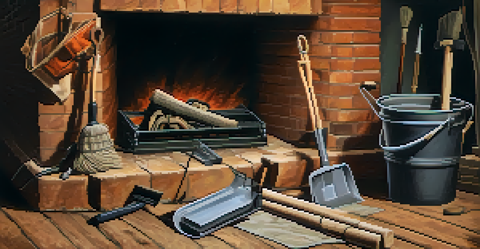 A collection of fireplace cleaning tools on a drop cloth, ready for use, with a fireplace in need of cleaning in the background.