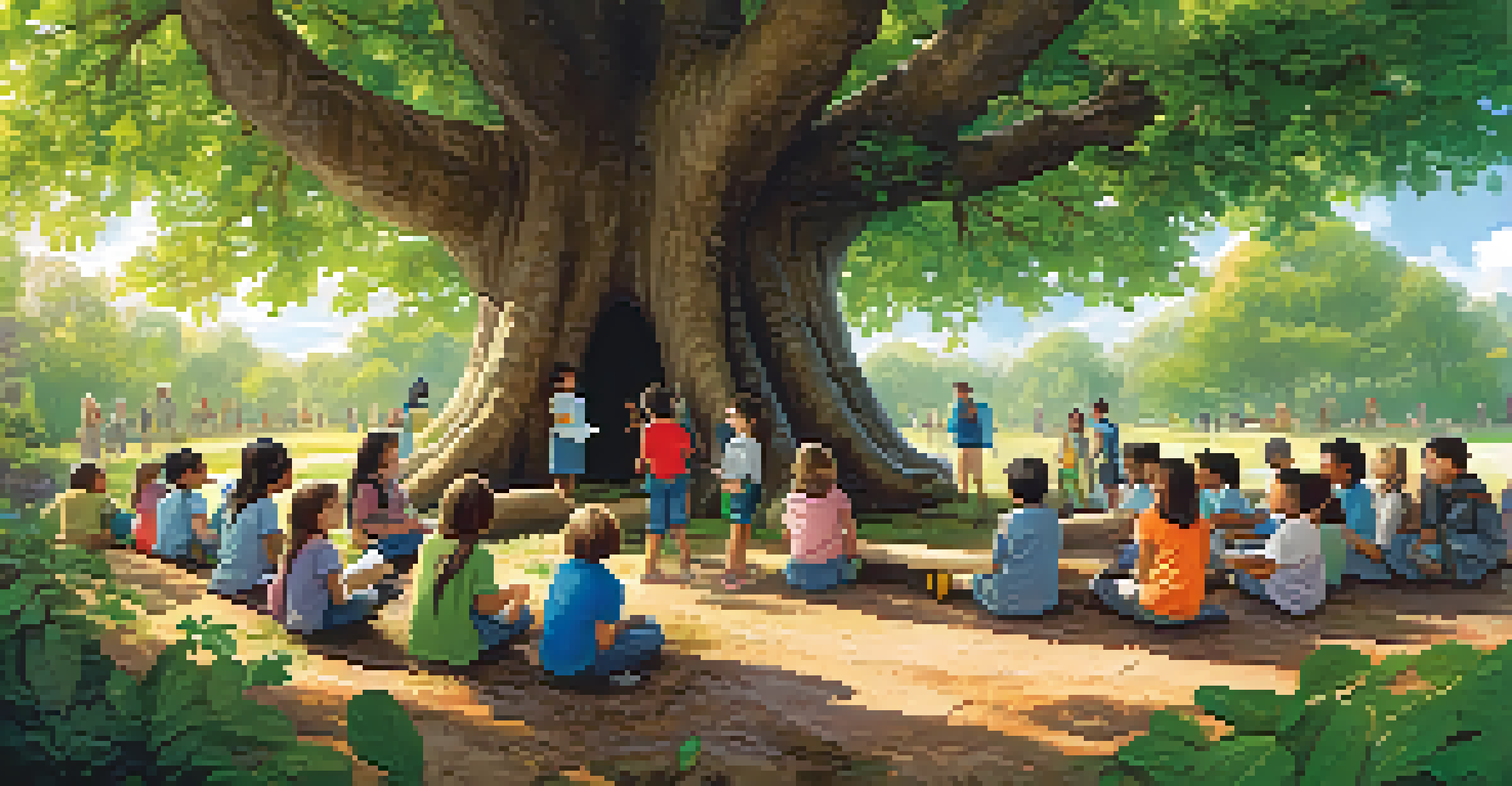 Children learning about ecosystems in an outdoor classroom beneath trees, with a teacher and educational materials.
