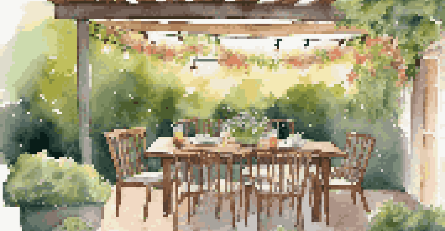 An outdoor patio with a wooden dining table surrounded by greenery and flowers, illuminated by soft string lights at sunset, creating a warm atmosphere.