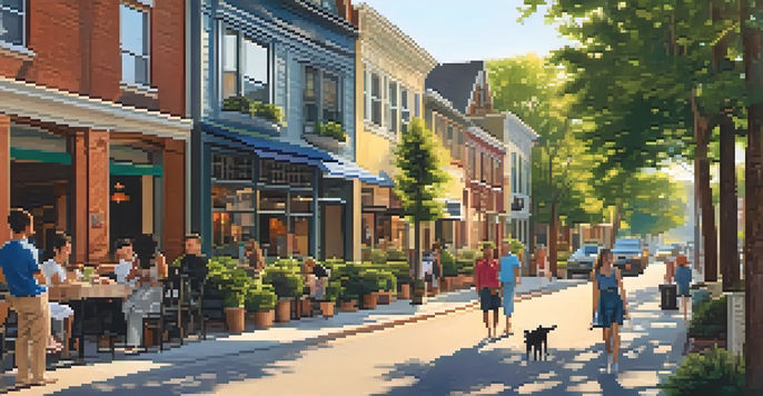 A vibrant urban neighborhood with diverse architecture, people interacting, and greenery, illuminated by warm evening sunlight.