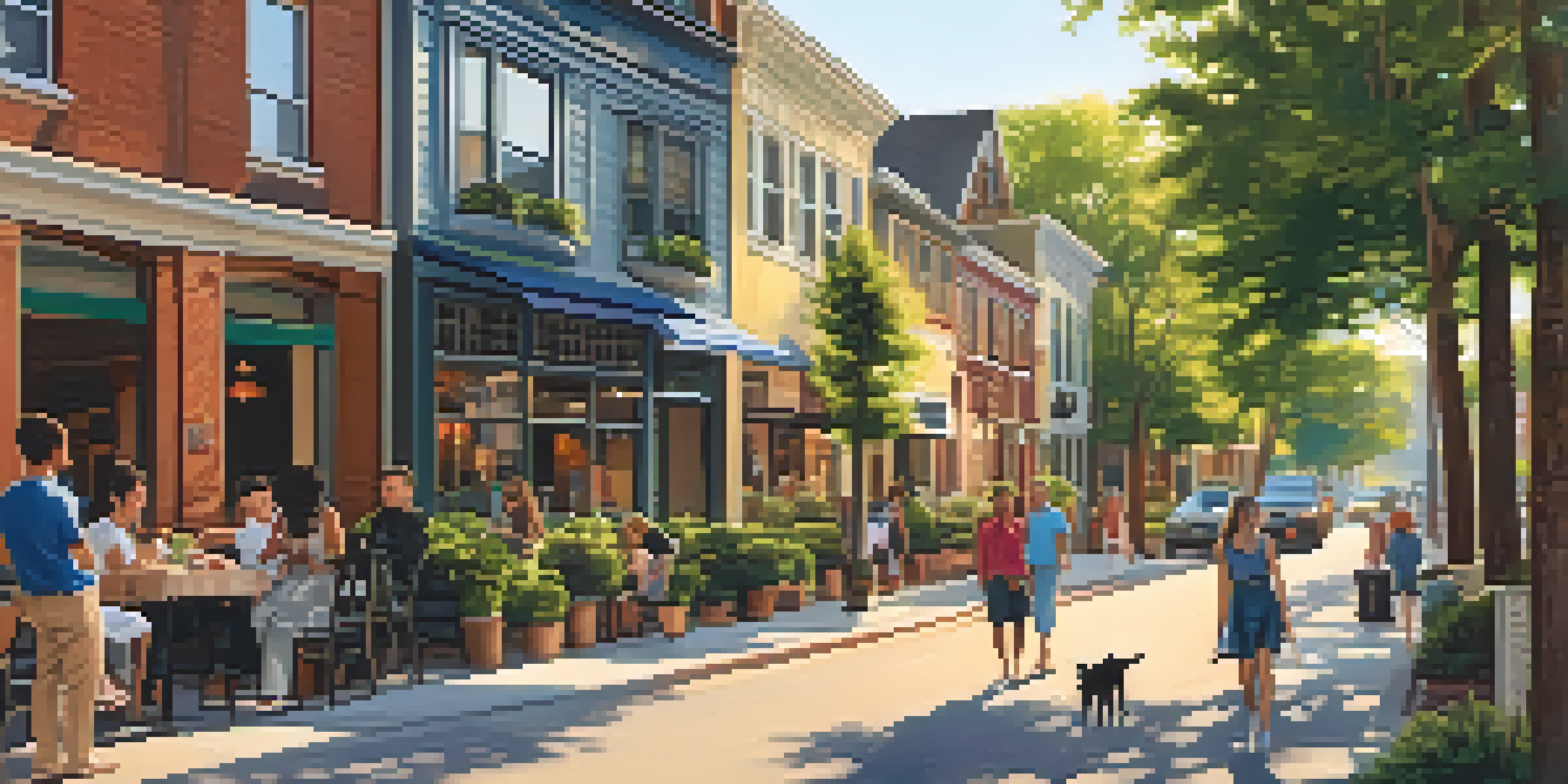 A vibrant urban neighborhood with diverse architecture, people interacting, and greenery, illuminated by warm evening sunlight.