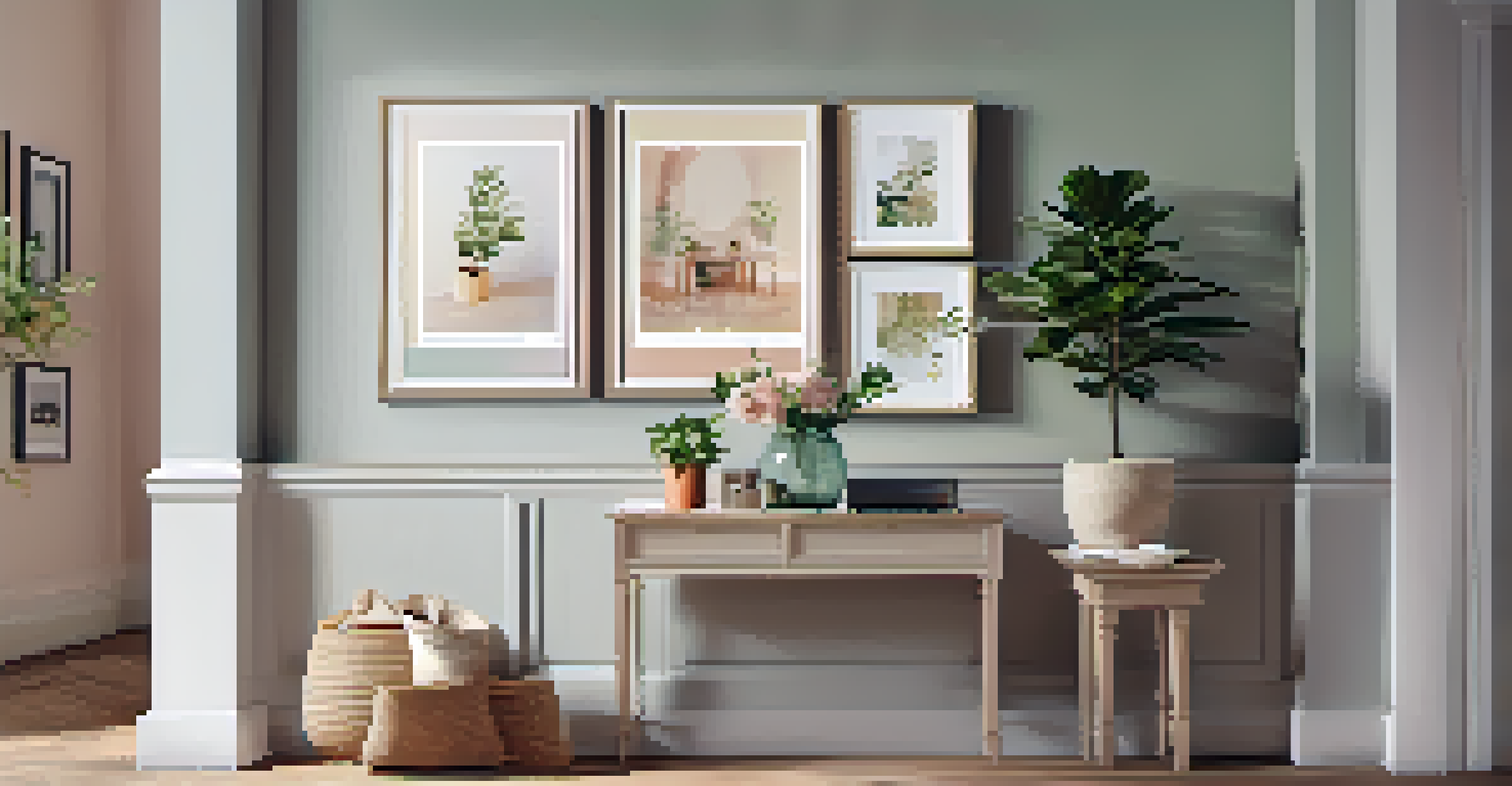 A personalized entryway with family photos, a console table, plants, and pastel-colored walls.