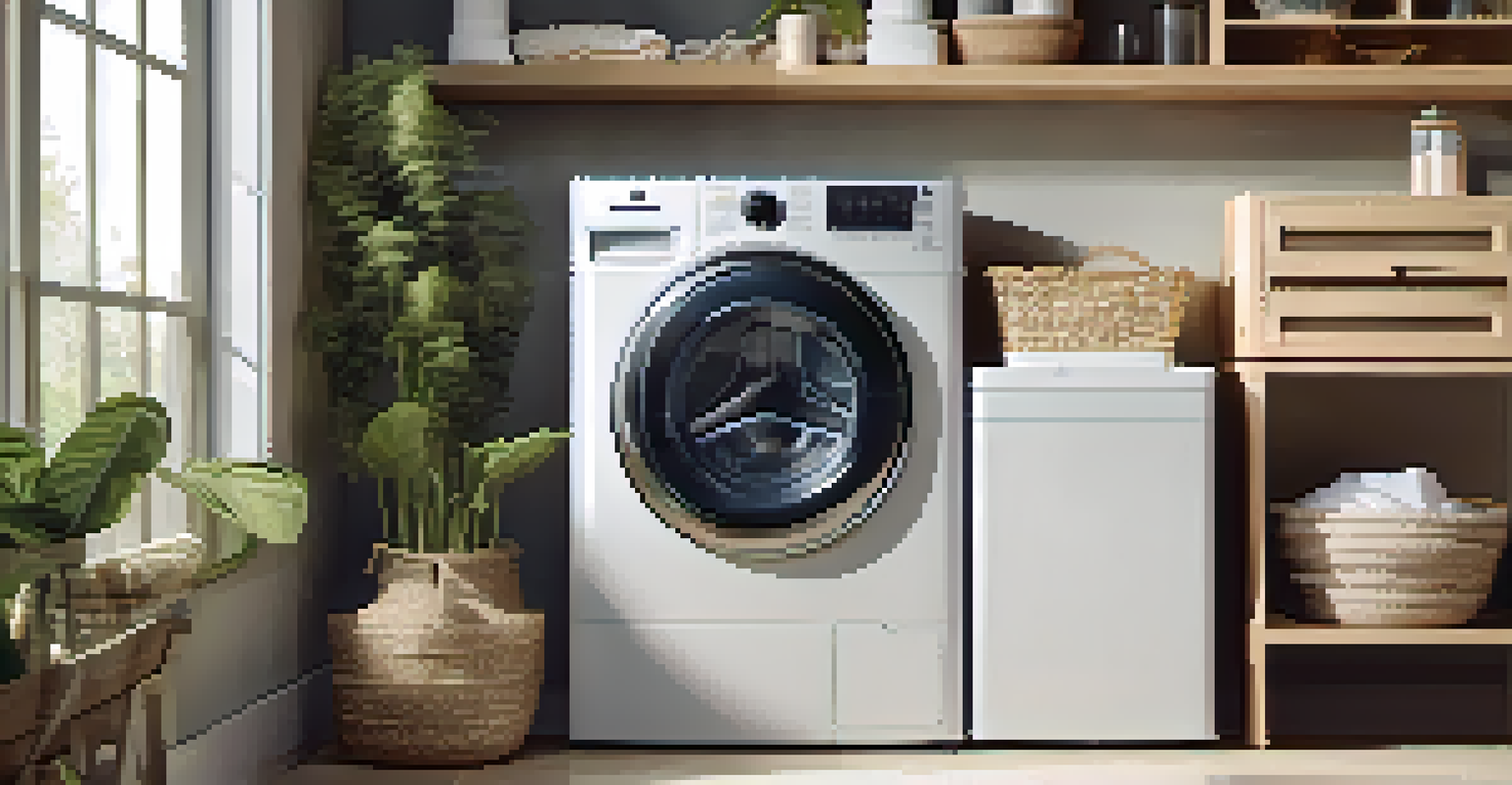 A close-up of an eco-friendly washing machine with an Energy Star label in a stylish laundry room with bamboo shelves and natural lighting.